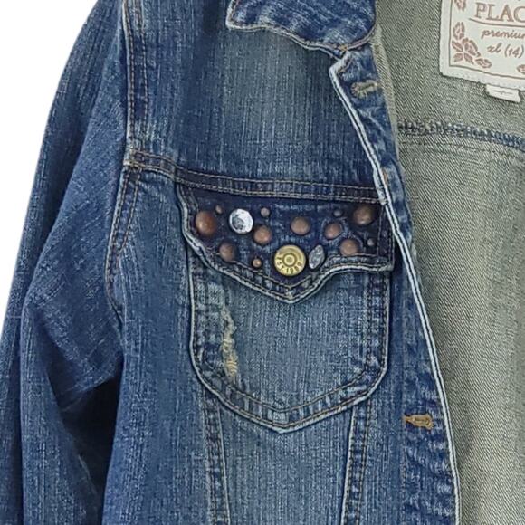Children's Place Blue Jean Jacket Girls XL 14, Distress Bling Rhinestone Rivets - Picture 4 of 6